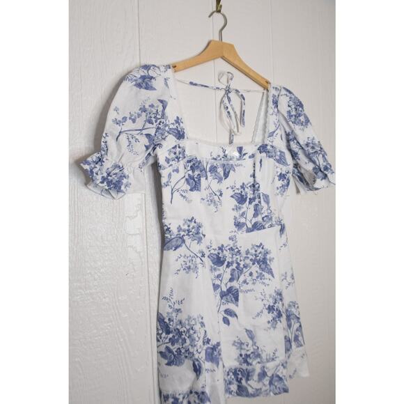 REFORMATION Evianna Linen Blue & White Toile Puff Sleeve Mini Dress US 10 NWT - Picture 8 of 14